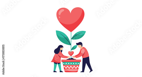 A couple plants a heart-shaped flower symbolizing growth and love.