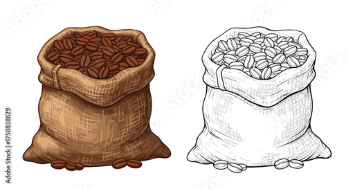 Two burlap sacks filled with roasted coffee beans.