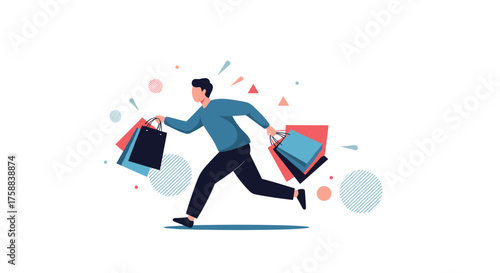 Man enthusiastically running while carrying shopping bags and surrounded by abstract shapes and confetti.