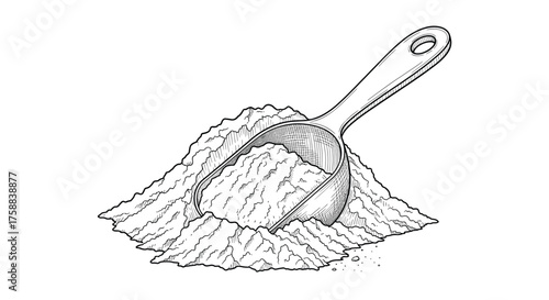 A scoop of powder is being used to measure out a pile of loose material.