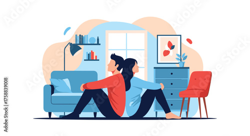 A couple sitting back to back on the floor in a living room.