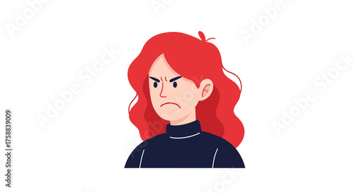 An angry woman with red wavy hair and a black turtleneck is looking forward.