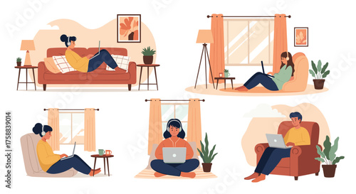 People working remotely from different comfortable home locations.