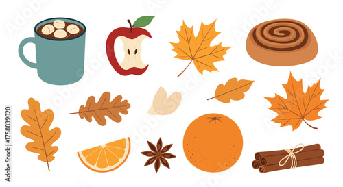 Autumn treats and foliage collection in pixel art.
