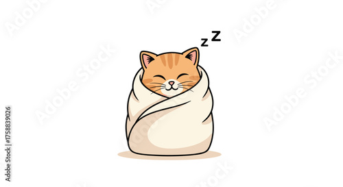 A cute ginger kitten wrapped in a blanket sleeping peacefully.