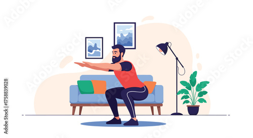 Man performing a bodyweight squat exercise at home in the living room.