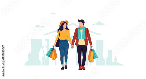 A couple walks holding hands with shopping bags after shopping.