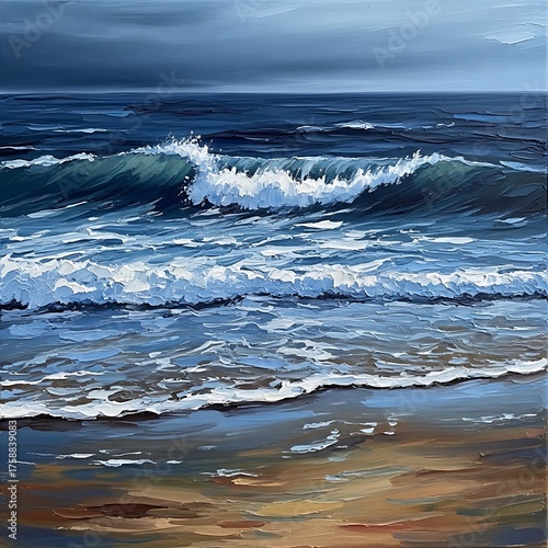 A dramatic coastal scene portrays crashing waves against a sandy shore, painted in shades of blue and brown.