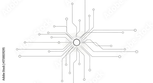 A radial network of interconnected lines and circular nodes emerges from a central geometric shape