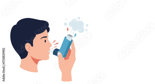 Young man using asthma inhaler and breathing medication at home  