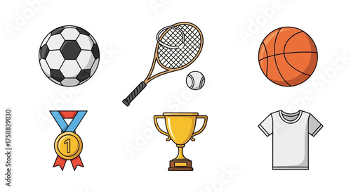 A collection of sports icons including a soccer ball, tennis racket, basketball, medal, trophy, and t-shirt
