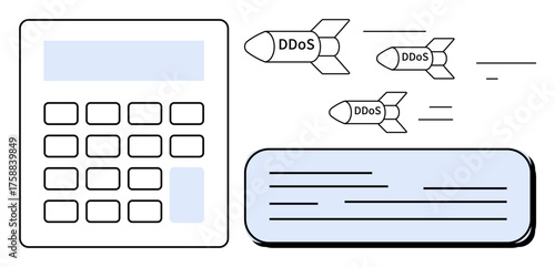 Three DDoS attack missiles targeting a system with a calculator and data panel emphasize security risks. Ideal for technology, cybersecurity, internet safety, data protection, threat mitigation, IT