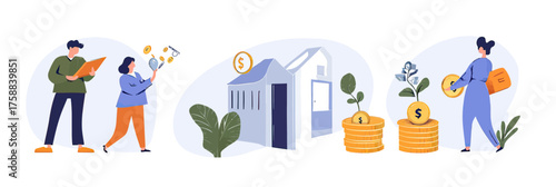 Flat minimalist finance illustration showing diverse people planning investment strategy with coins, house mortgage, money growth, and savings concepts in vector style