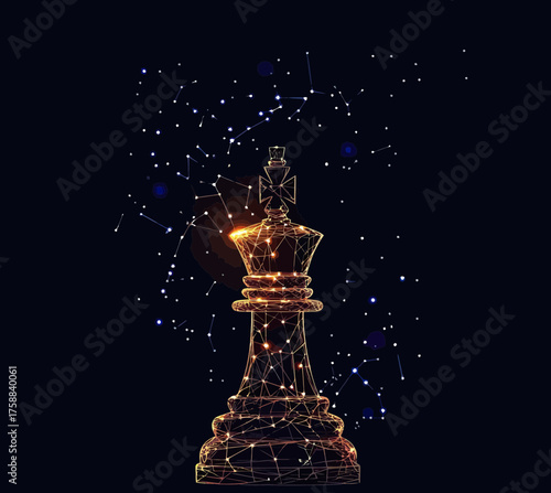 Abstract digital king chess piece formed by glowing connected lines and nodes with starry constellation background futuristic technology illustration