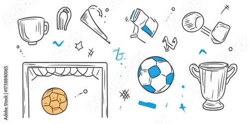 Hand drawn doodle soccer balls trophy goal goalie glove sketch minimalist vector illustration sports equipment elements collection