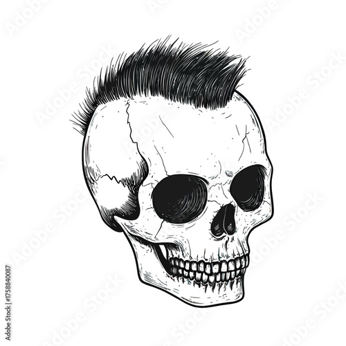 Hand drawn detailed skull with mohawk hairstyle punk rock style black and white ink sketch isolated on white background vector illustration