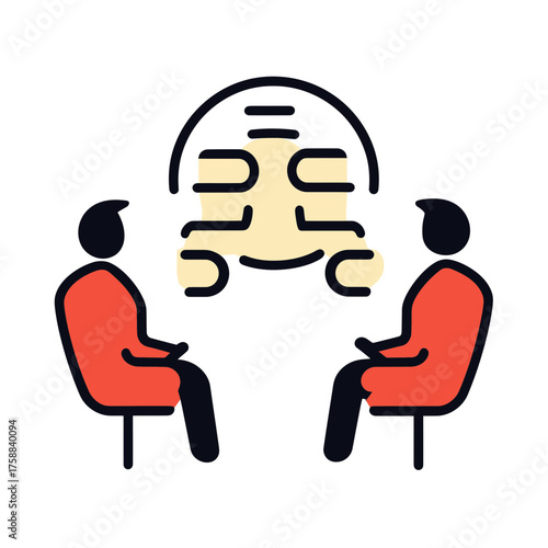 Two people sitting in chairs facing each other with a speech bubble representing conversation and communication in flat minimalist style vector icon