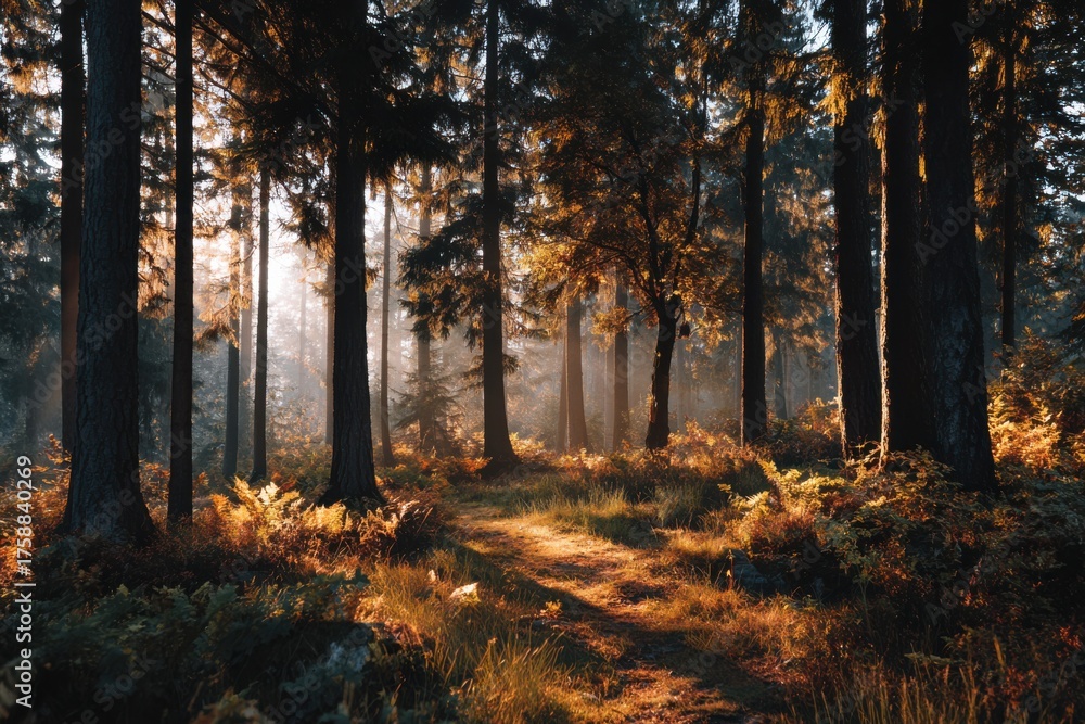 Obraz premium Scenic Autumn Woods Bathed in Golden Sunlight