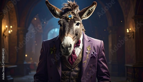 An upright donkey dressed in a blue suit with gold embroidery, white shirt, and bow tie, standing in a richly decorated interior with classical paintings and warm lighting, surreal and whimsical.