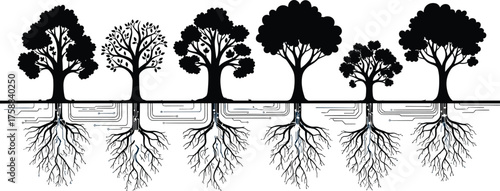 Abstract tree root illustration, natural to digital transition, circuit network roots, eco tech artwork, innovation growth, modern sustainability, futuristic nature concept