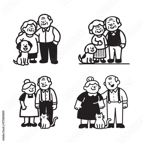 Happy Grandparents Standing Together with Their Dog and Cat Simple Line Art Design.