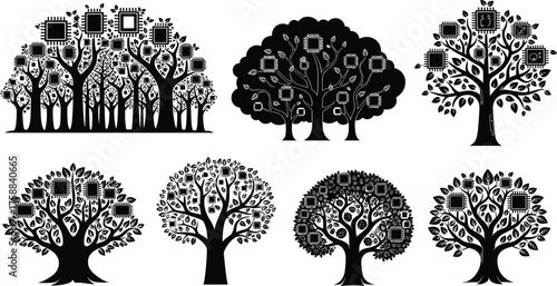 Black technology tree illustration, digital microchip foliage, futuristic eco design, innovation growth, artificial intelligence nature, modern sustainability artwork, electronic ecosystem concept