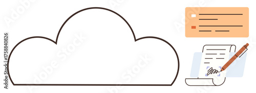 Cloud outline with digital document and pen signing, accompanied by text boxes for data entry. Ideal for data storage, digital workflows, automation, legal tech, e-signatures, productivity, simple