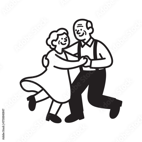 Joyful Grandmother and Grandfather Dancing Together Black and White Line Art Design.