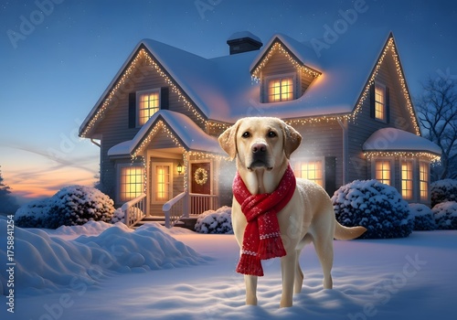 A golden labrador retriever stands in the snow, wearing a red scarf, in front of a house decorated with christmas lights at night