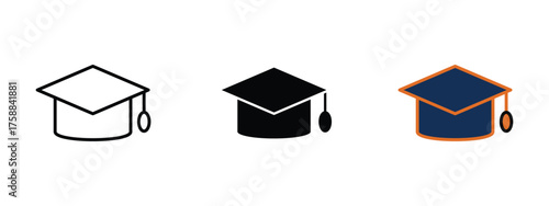 Grad Cap icon in EPS format on a clean white background, shown in stroke, solid, flat color, and shaded styles. Perfect for graduation, education, achievement, academic success, and student.