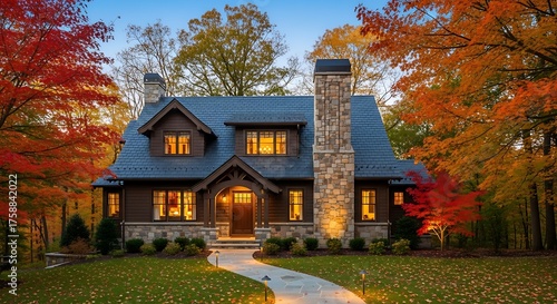 A charming, craftsman-style home, bathed in the warm glow of evening light, showcases autumn's vibrant colors.