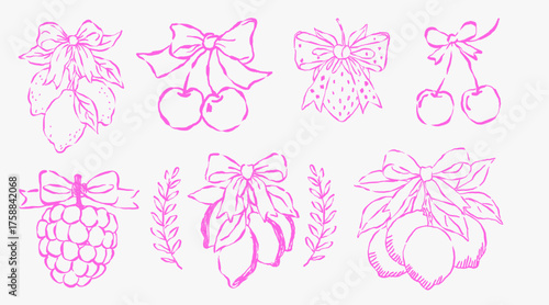 Hand drawn set of cherries with pretty bows. Cherry Berry with elegant bow and ribbon. Coquette aesthetic vector. Whimsical clipart. Trendy fruit bow collection decoration elements.