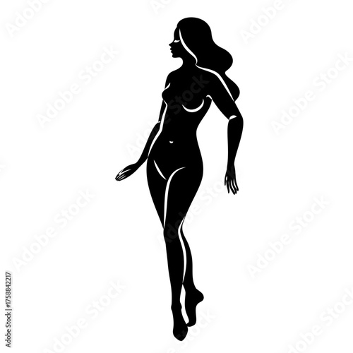 Silhouette of a nice lady, she is standing. The girl has a beautiful naked figure. The woman is a young sexy and slender model. Vector illustration.
