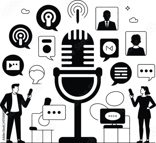 Podcast and Broadcasting Network with People and Icons