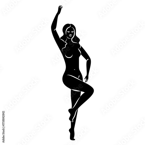 Silhouette of a nice lady, she is standing. The girl has a beautiful naked figure. The woman is a young sexy and slender model. Vector illustration.