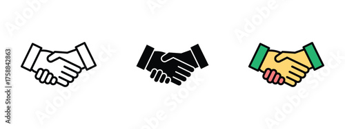 Handshake icon in EPS format on a clean white background, shown in stroke, solid, flat color, and shaded styles. Perfect for partnership, agreement, business deal, teamwork, trust, and collaboration.
