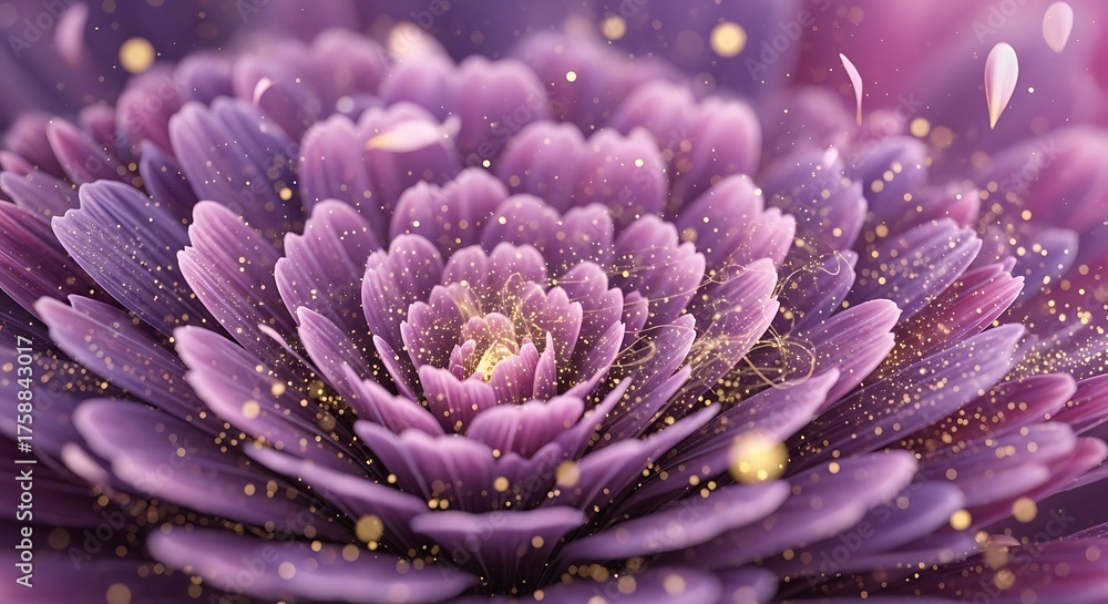 Obraz premium A detailed close-up view of a magnificent, purple flower, highlighted by delicate gold glitter particles, showcasing intricate petal details and a captivating, ethereal mood.