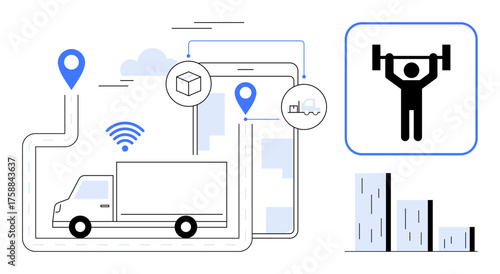 Truck with GPS markers, smartphone, wireless signals, performance icon, and graph bars. Ideal for logistics, transport, supply chain mobile technology mapping analytics growth solutions. Simple