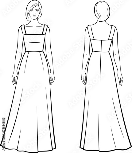 Fashion sketch of long sleeveless dress, technical flat drawing, square neckline gown, front and back view, garment design vector illustration