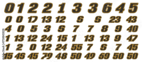 Start racing number and sport race number set, bold racing decals, motorsport typography vector