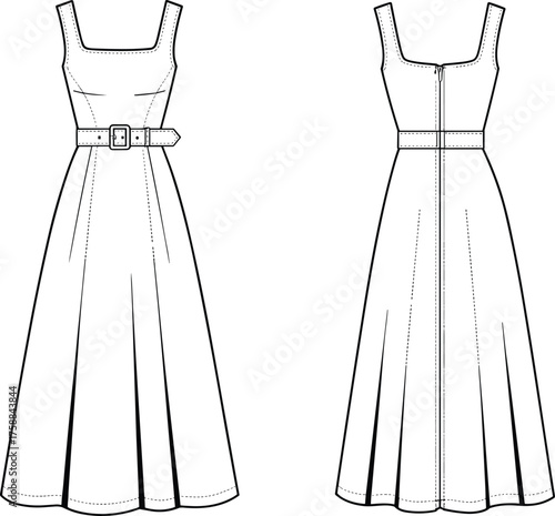 Fashion technical drawing, sleeveless belted dress, square neckline, pleated skirt, front and back view, garment construction, vector illustration, apparel design