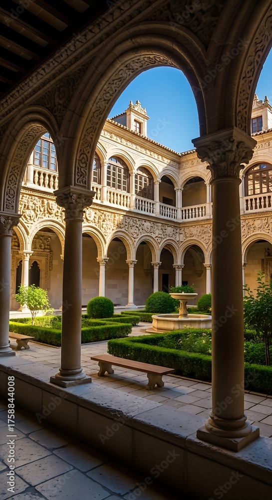 Fototapeta premium A serene courtyard, bathed in sunlight, showcases intricately carved arches, manicured gardens, and a tranquil fountain.