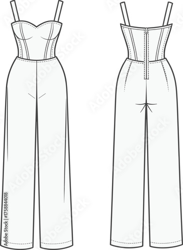 Fashion technical illustration, jumpsuit front and back view, sweetheart neckline, thin straps, wide-leg pants, corset bodice, garment construction, vector template, structured silhouette