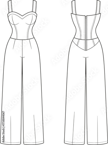 Fashion technical illustration, jumpsuit front and back view, sweetheart neckline, wide-leg pants, structured bodice, garment construction, vector template, fashion design sketch