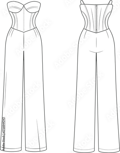 Fashion technical illustration, strapless jumpsuit front and back view, sweetheart neckline, wide-leg pants, corset bodice, garment construction, vector template, structured silhouette