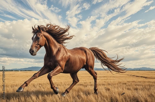 Wallpaper Mural Brown galloping stallion running through golden wheat field under blue sky with clouds. Use: print, web. Torontodigital.ca