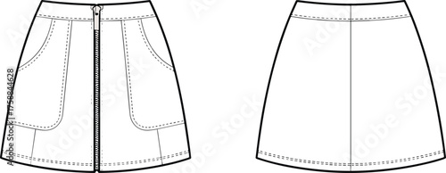 Front and back technical flat sketch of A-line skirt design, featuring zipper, patch pockets, topstitching, clean silhouette, garment construction layout