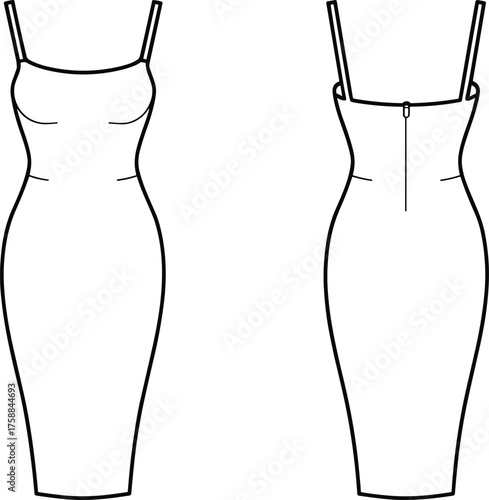Front and back technical sketch of fitted sleeveless midi dress with spaghetti straps, scoop neckline, princess seams, zipper back, fashion vector