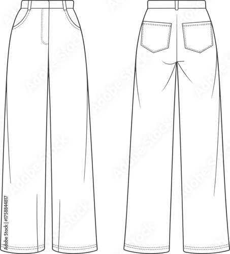 High waist wide-leg pants fashion illustration, front and back technical view, garment construction, patch pockets, belt loops, vector template design