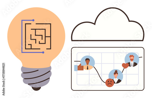 Lightbulb with a maze and a cloud hosting a team progress chart with emotive analysis. Ideal for innovation, teamwork, problem solving, analytics, cloud technology, strategy, modern workflow. A